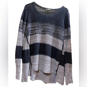 EILEEN FISHER Sweater Organic Linen Striped Long Sleeve Pullover LargeBlack Gray